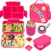 Lunch Box for Girls with 10oz Thermo, with 6 Compartment Bento Box, Purple Nylon Insulated Lunch Bag Adjustable Strap for Girl Kids Teens School