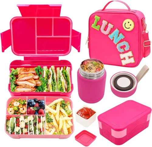 Lunch Box for Girls with 10oz Thermo, with 6 Compartment Bento Box, Purple Nylon Insulated Lunch Bag Adjustable Strap for Girl Kids Teens School