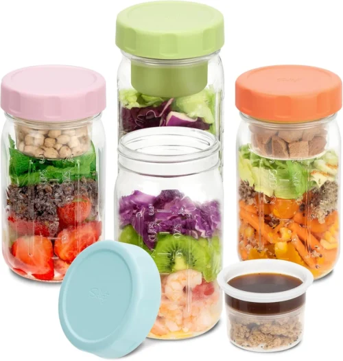 4 Pack Glass Salad Jars with Lids Meal Prep, Leakproof Container for Lunch, Two Small Built-in Boxes with Wet/Dry Separation for Salad Dressing