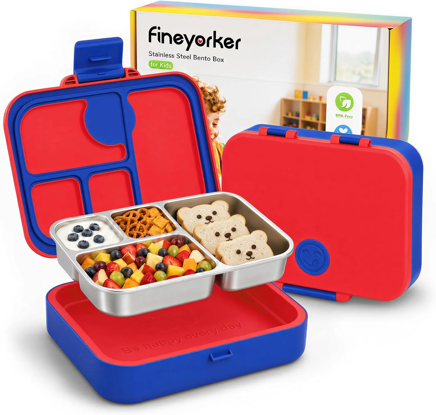 Fineyorker Kids Stainless Steel Bento Lunch Box, 4 Compartments