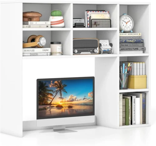 Desktop Bookshelf, 37 Desk Hutch Dorm for Computer Up to 32 Inch, Countertop Hutch w/6 Storage Shelves, 3-Tier Desktop Organizer Display Rack, Wood Desk Shelf for Home Office (Natural)