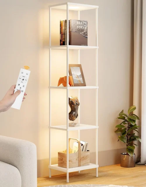 Shelf with RGBW Light, Color Changing Curio Cabinet Floor Lamp with Shelves Corner Standing Column Lamp Etagere Organizer Tower Nightstand Bookcase