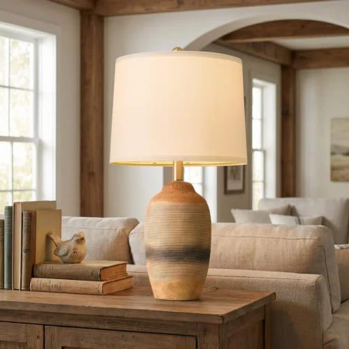 24 inch Vintage Ceramic Table Lamp with 5FT Cord - Single Farmhouse Rustic Bedside Lamp with Natural Textured Finish, Nightstand Lamps for Living Room