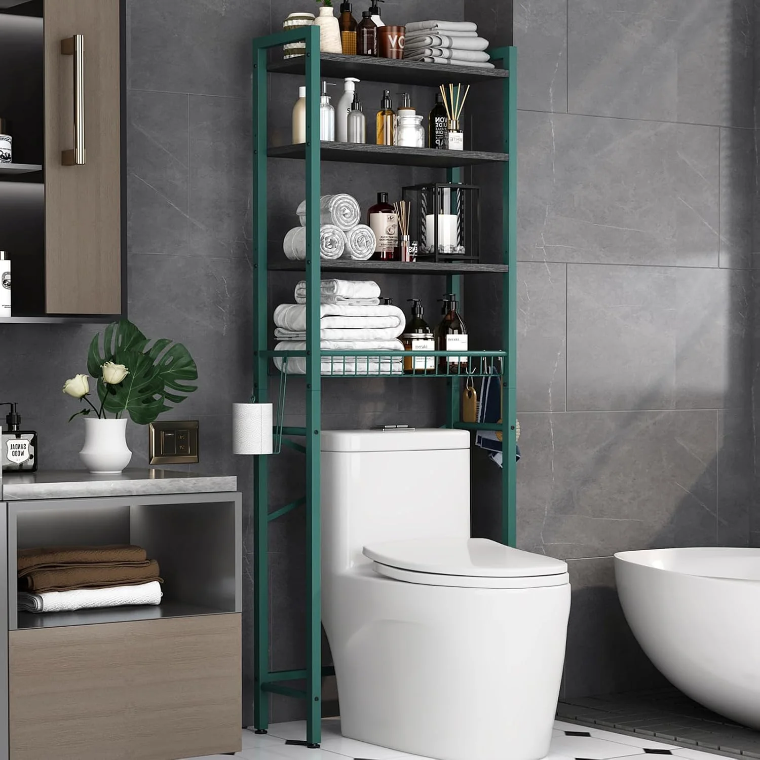 Over-The-Toilet Storage Rack, 4-Tier Bathroom Organizer Shelf Over Toilet with Adjustable Shelf and Basket, Freestanding Space Saver Bathroom Shelves Above Toilet for Room (Pure Black) - Image 3