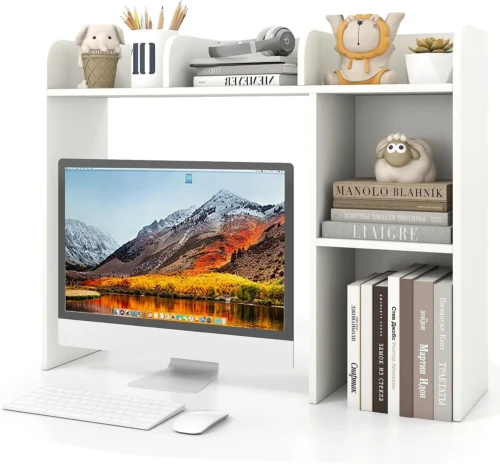 Alternative view of Desktop Bookshelf, 37 Desk Hutch Dorm for Computer Up to 32 Inch, Countertop Hutch w/6 Storage Shelves, 3-Tier Desktop Organizer Display Rack, Wood Desk Shelf for Home Office (Natural)