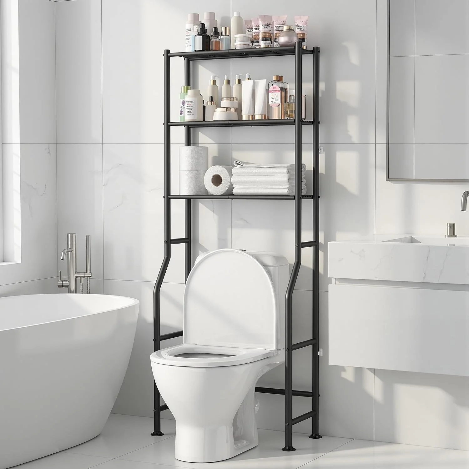 3-Tier Over Toilet Storage Rack, Anti-Wobble, Black - Image 4