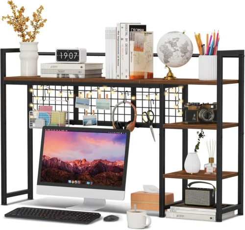 Desk Shelf, 44.9 Desktop Organizer Shelf, Desk Hutch for Computer Monitor, 4 Tier Desk Display Rack with Pegboard Hooks Set, Wood Desktop Bookshelf for Home Office Dorm