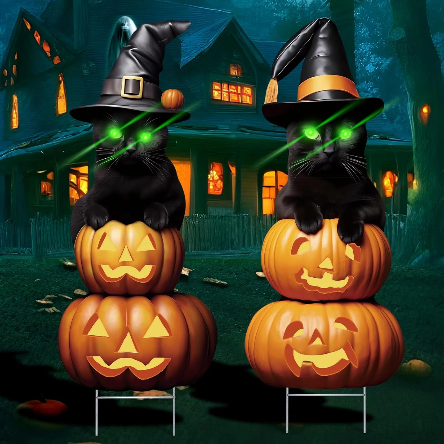 Pack Halloween Black Cat Yard Signs, Solar Powered LED Green Eyes - Image 3