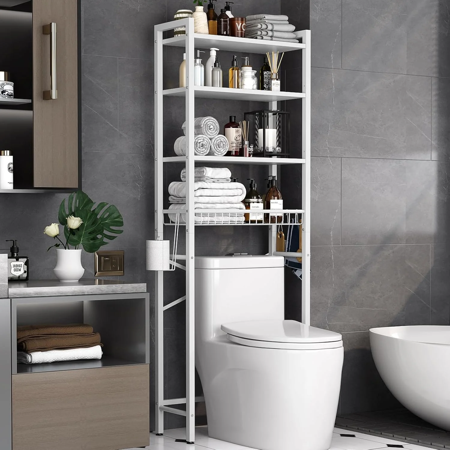 Over-The-Toilet Storage Rack, 4-Tier Bathroom Organizer Shelf Over Toilet with Adjustable Shelf and Basket, Freestanding Space Saver Bathroom Shelves Above Toilet for Room (Pure Black) - Image 4