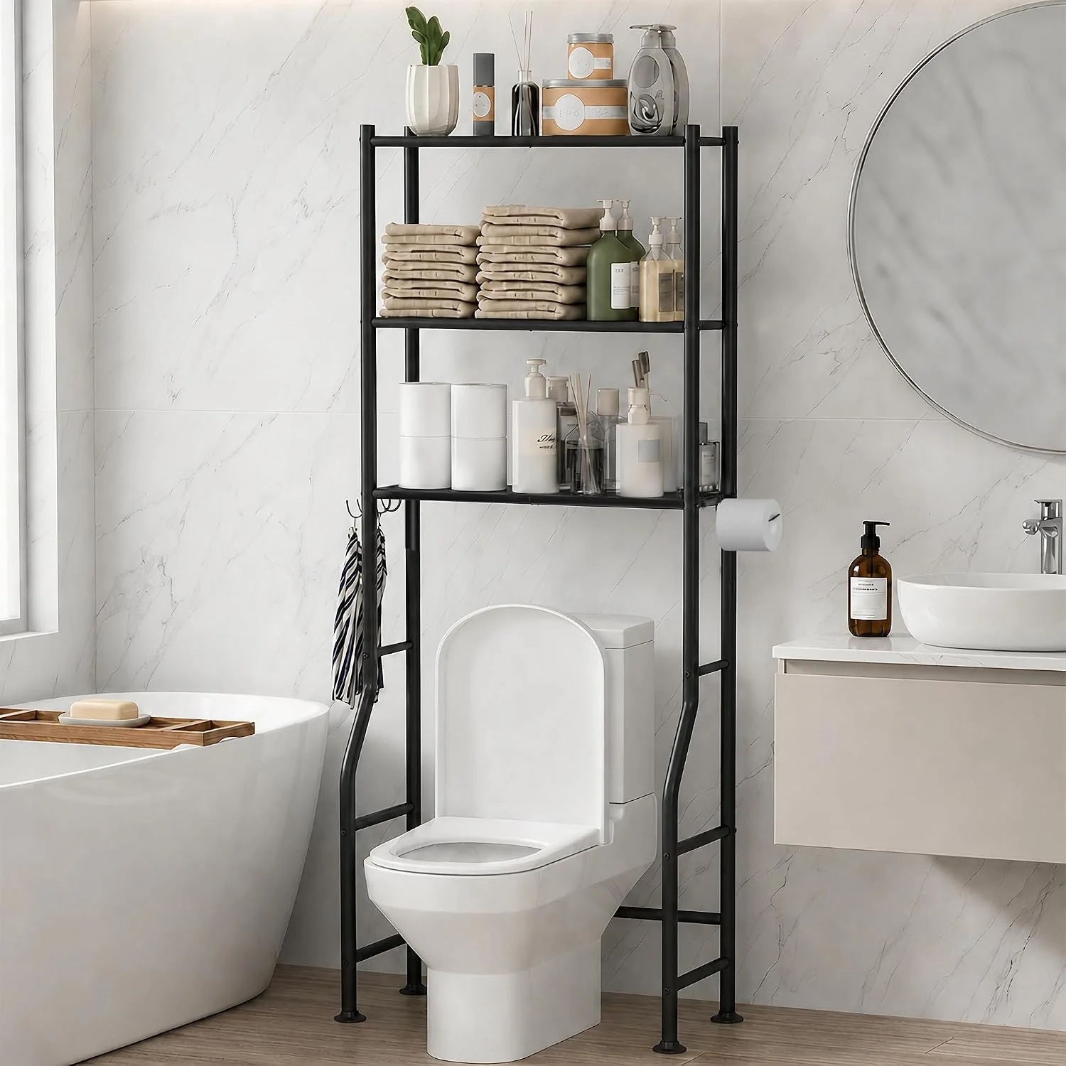 3-Tier Over Toilet Storage, Anti-Tilt, 64 H, Black - Image 6