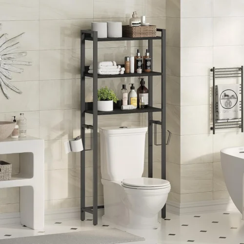 Alternative view of Over The Toilet Storage Rack, 4 Tier Bathroom Organizer Over Toilet, Freestanding Space Saver Toilet Stand with 2 Hooks, Bathroom Storage Shelf, Easy to Assemble, Rustic Brown TSHR0401Z