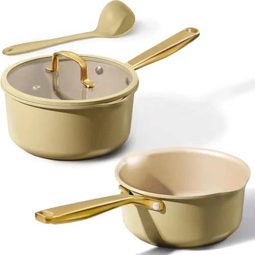 Alternative view of CAROTE 2QT & 3QT Sauce Pan Sets with Lid & Ladle Ceramic Nonstick Pot Set Non Toxic Saucepan Small Kitchen Cooking Pots, Easy to Clean, Induction Comptable, PFAS PTFE Free, White