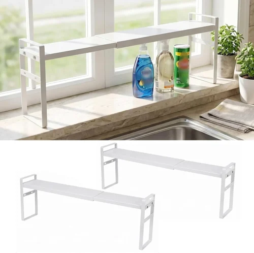 Pack Black Expandable Cabinet Shelf Organizer 13.7-23.6 L Stackable Black Small Narrow Tall Shelf for Windowsill Kitchen Organizer Window Sill Plant Shelf Stackable Shelves Bathroom, Sill Thin