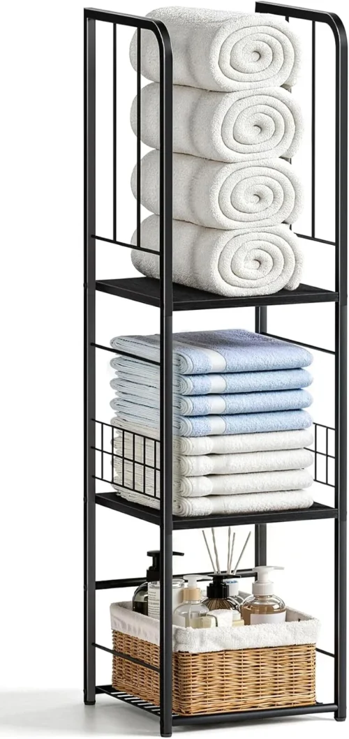 Narrow Towel Storage for Bathroom, 3-Tier Free Standing Bathroom Towel Rack Organizer with Shelf for Small Bath, Pool, Brown