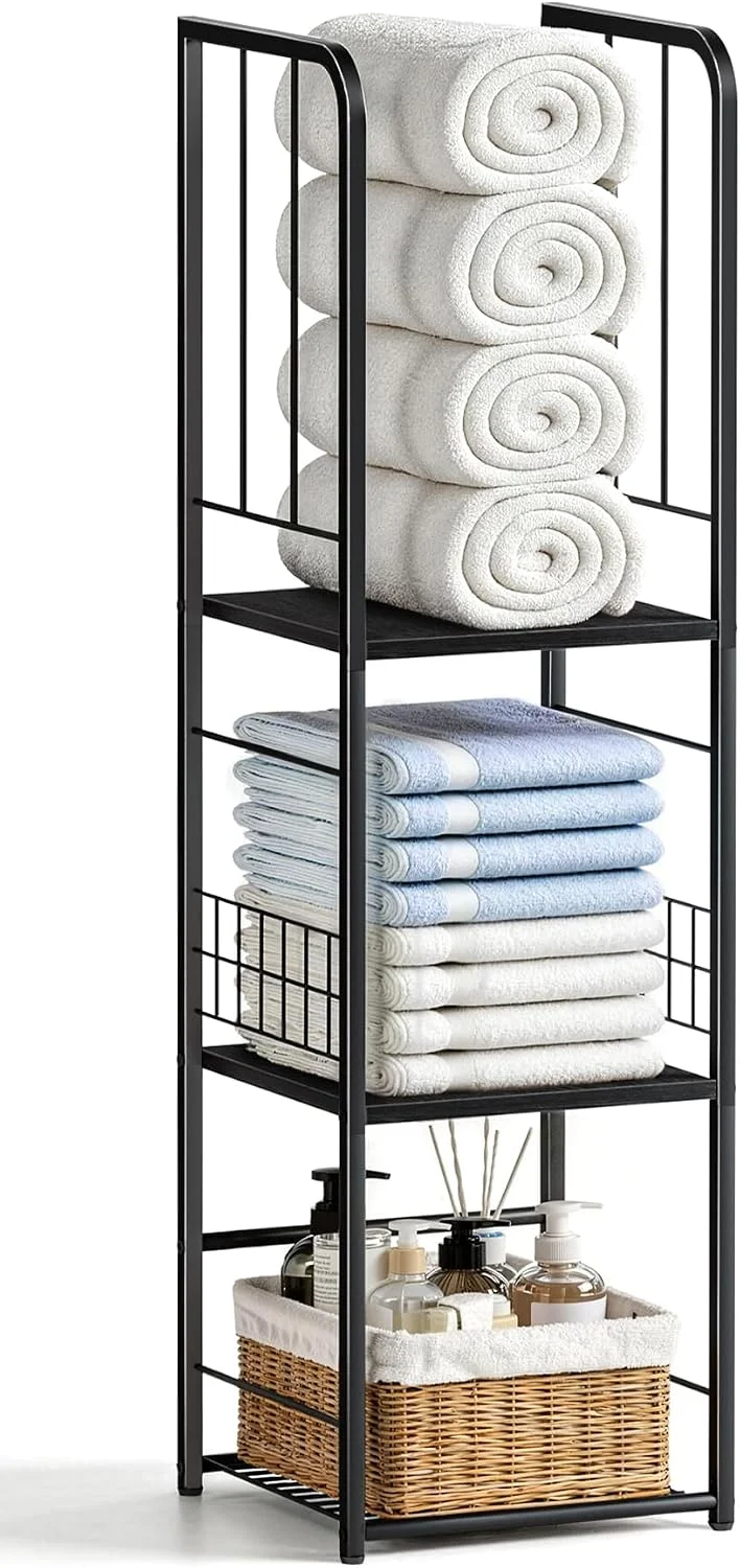 Nook Narrow Towel Storage for Bathroom, 3-Tier Free Standing Bathroom Towel Rack Organizer with Shelf for Small Bath, Pool, Brown