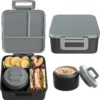 MAISON HUIS Bento Lunch Box with 8oz Soup Thermo and Insulated Lunch Bag, Kids Leakproof Lunch Food Containers with 5 Compartment, Boys Girls Thermo Hot Food Jar for Travel, School, BPA Free (Black)