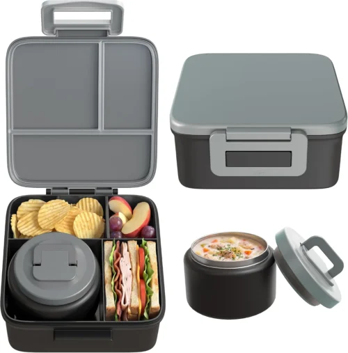 MAISON HUIS Bento Lunch Box with 8oz Soup Thermo and Insulated Lunch Bag, Kids Leakproof Lunch Food Containers with 5 Compartment, Boys Girls Thermo Hot Food Jar for Travel, School, BPA Free (Black)