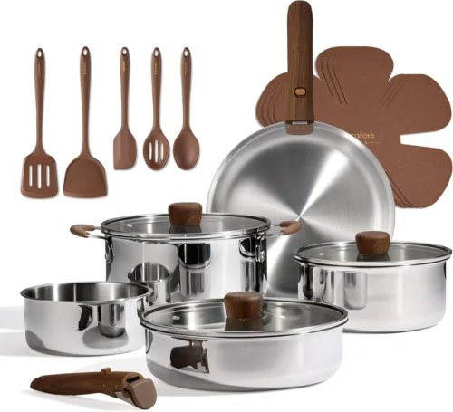Alternative view of CAROTE 19pcs Tri-Ply Stainless Steel Cookware Set with Detachable Handle