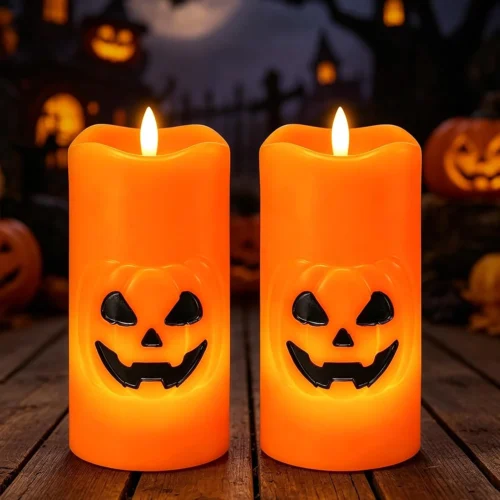 Alternative view of Halloween Ghost Flameless Pillar Candles with Remote Timer, 2PCS