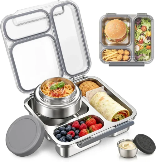 Stainless Steel Bento Box Kids Adult with 7oz Insulated Food Jar, Transparent Lid Metal Lunch Box With Soup Thermal Jar