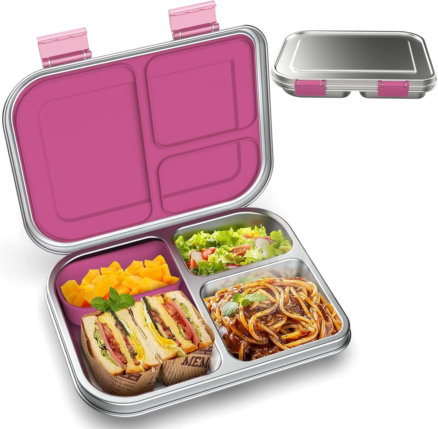 Stainless Steel Kids Leak-Resistant Bento Lunch Box, 3-Compartments with Silicone Container, Dishwasher-Safe, Child-Friendly Design for School