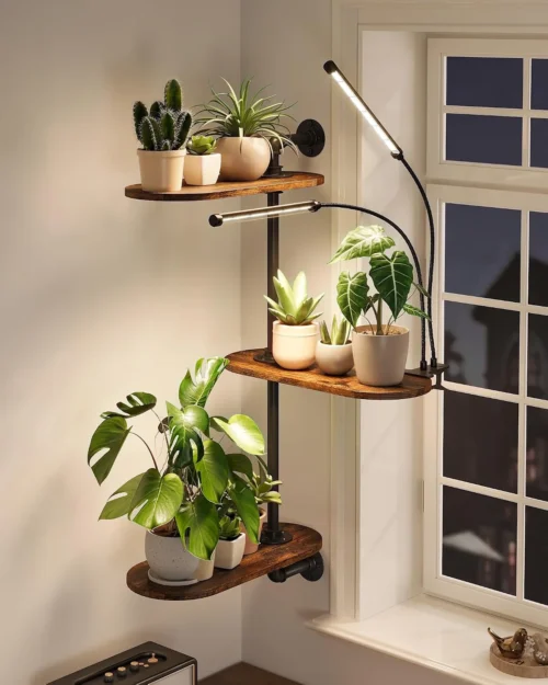Window Plant Shelves 3-Tier Rotating Plant Stand Industrial Window Plant Shelf Wood