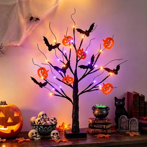 Pack Halloween Tree, Vanthylit Black Tree with Orange Purple Bi-Color Led Lights 6 Functions, USB & Battery Operated Lighted Willow Branch for Indoor