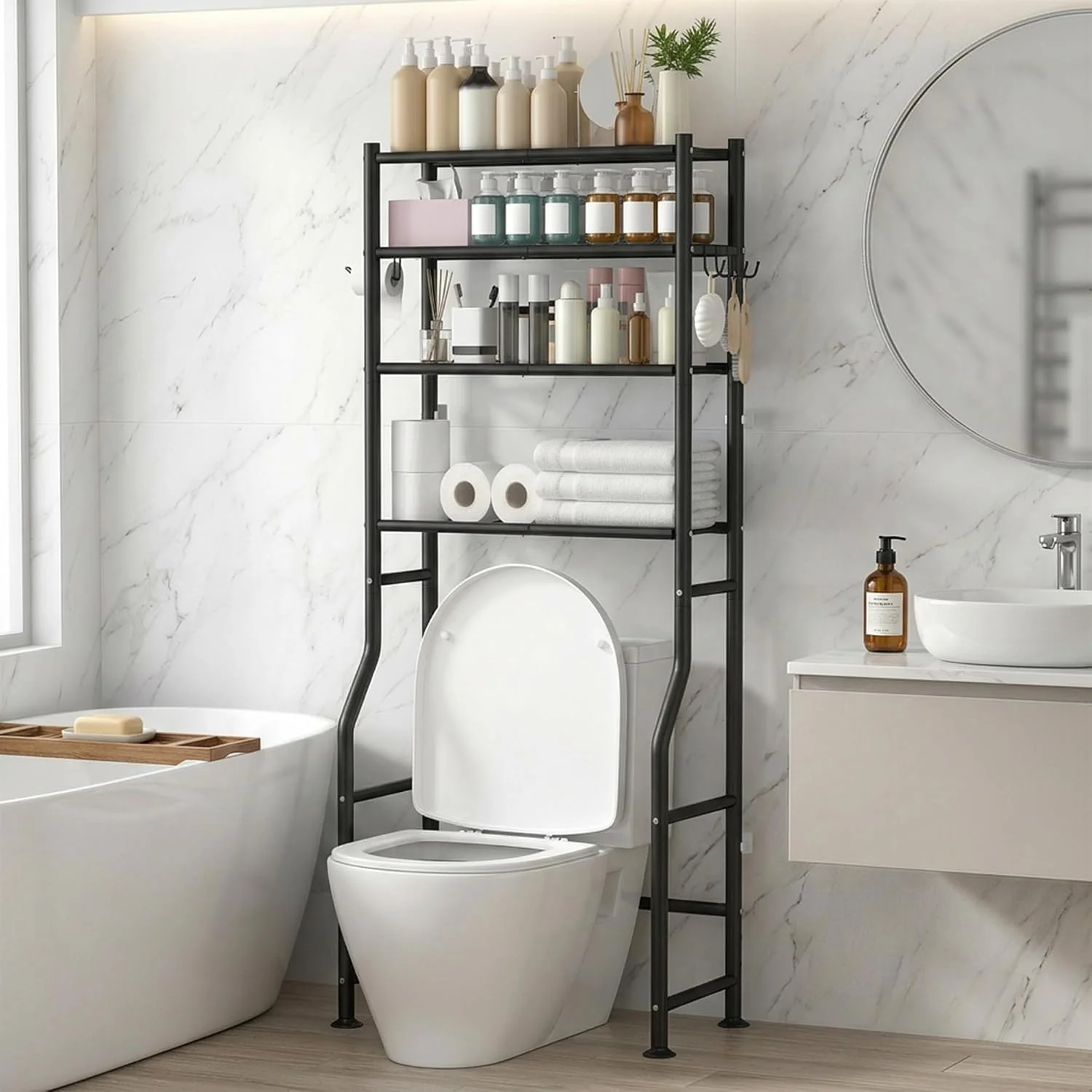 3-Tier Over Toilet Storage, Anti-Tilt, 64 H, Black - Image 4