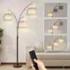 3 Light Arc Floor Lamp with Remote, Beige Shade Black Pole