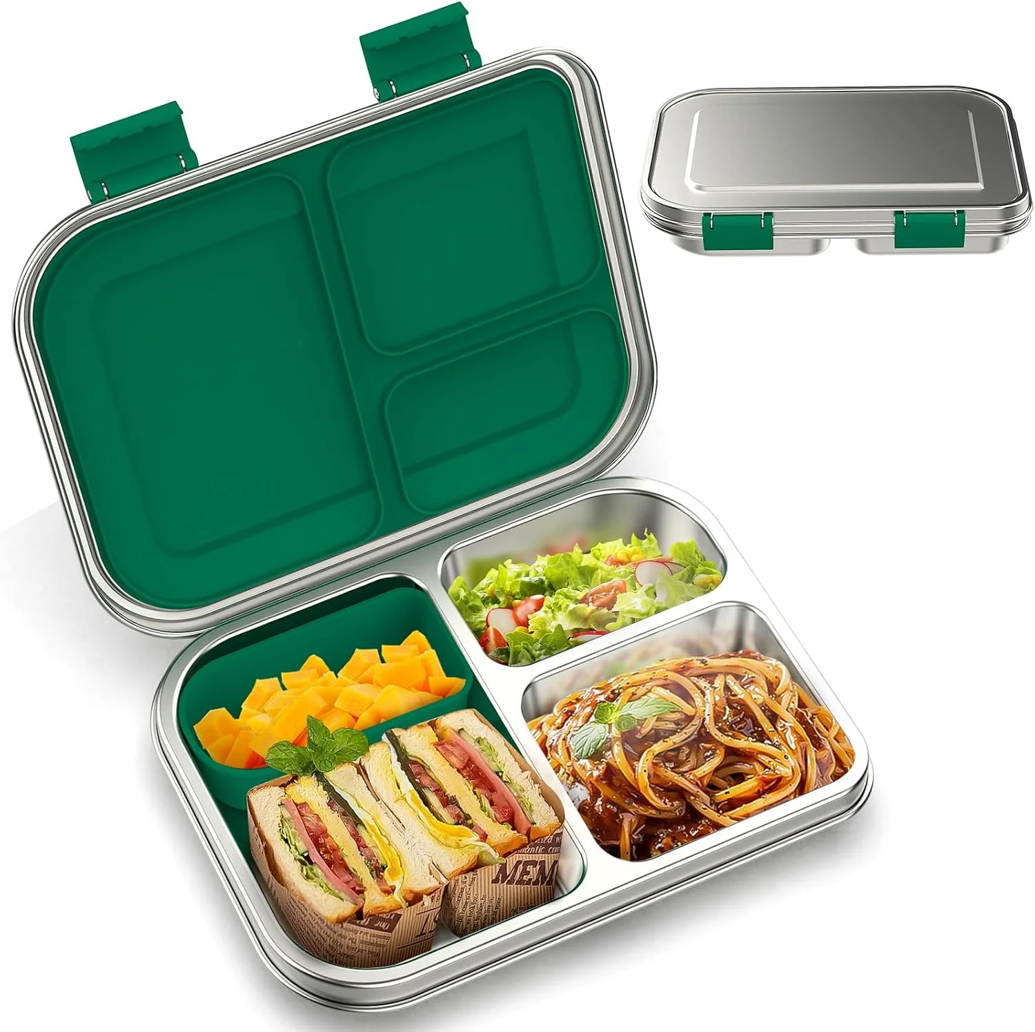 Stainless Steel Kids Leak-Resistant Bento Lunch Box, 3-Compartments with Silicone Container, Dishwasher-Safe, Child-Friendly Design for School - Image 4