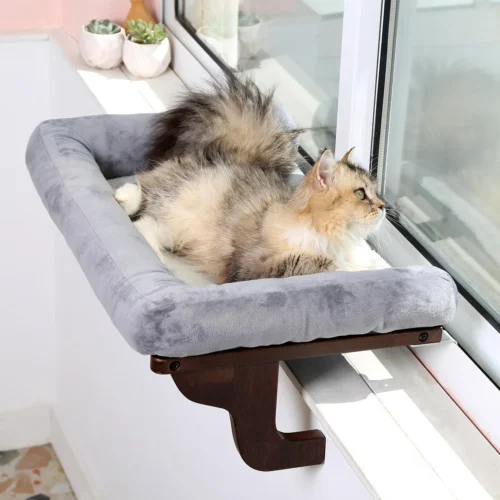 Cat Perch for Windowsill with Bolsters (Natural Wood/Gray, L)