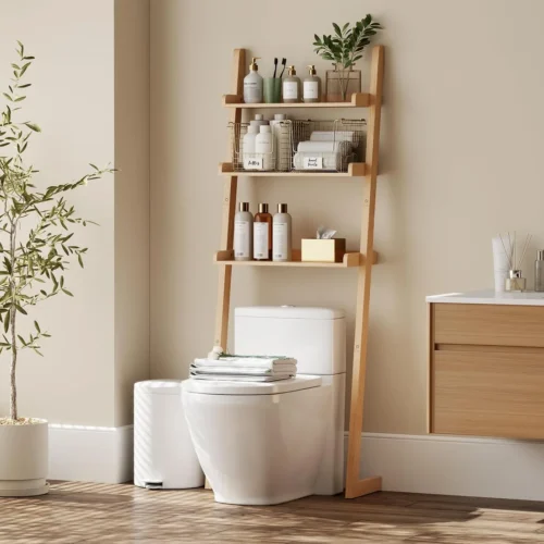 Alternative view of Over The Toilet Storage Shelf Wood, 3-Tier Above Toilet Organizer Rack, Freestanding Above Toilet Shelf for Bathroom, Laundry, Space Saver, Walnut Color.