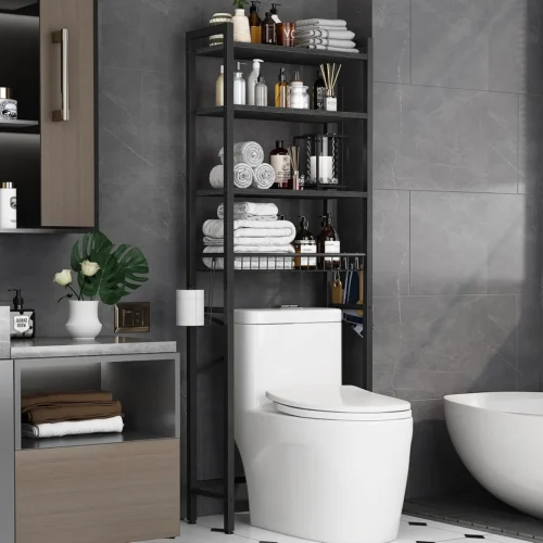 Alternative view of Over-The-Toilet Storage Rack, 4-Tier Bathroom Organizer Shelf Over Toilet with Adjustable Shelf and Basket, Freestanding Space Saver Bathroom Shelves Above Toilet for Room (Pure Black)