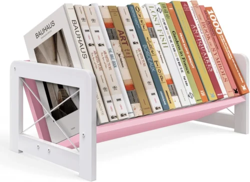 Desktop Bookshelf Organizer, Wood Slanted Desk Bookshelf, Small Tabletop Book Rack, Portable Mini Bookcase for Book Display, Cookbooks, Kids Reading, Office & Home Storage, Rustic Brown