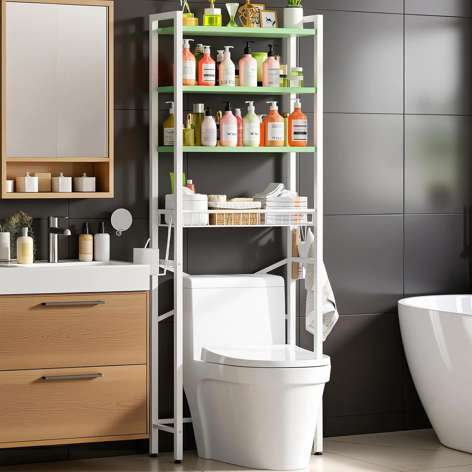 Over-The-Toilet Storage Rack, 4-Tier Bathroom Organizer Shelf Over Toilet with Adjustable Shelf and Basket, Freestanding Space Saver Bathroom Shelves Above Toilet for Room (Pure Black) - Image 6