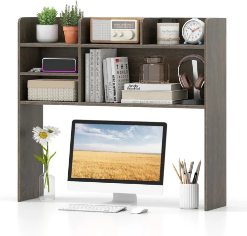 Alternative view of Desktop Bookshelf, Countertop Storage Hutch with 5 Shelves for Computer Desk, 3-Tier Display Rack, Multipurpose Wood Storage Organizer for Dorm Office Home
