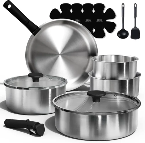 CAROTE 19pcs Tri-Ply Stainless Steel Cookware Set with Detachable Handle