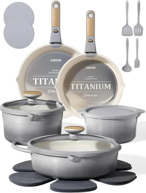 CAROTE 20pcs Titanium Cookware Set, Pots and Pans Set Detachable Handle