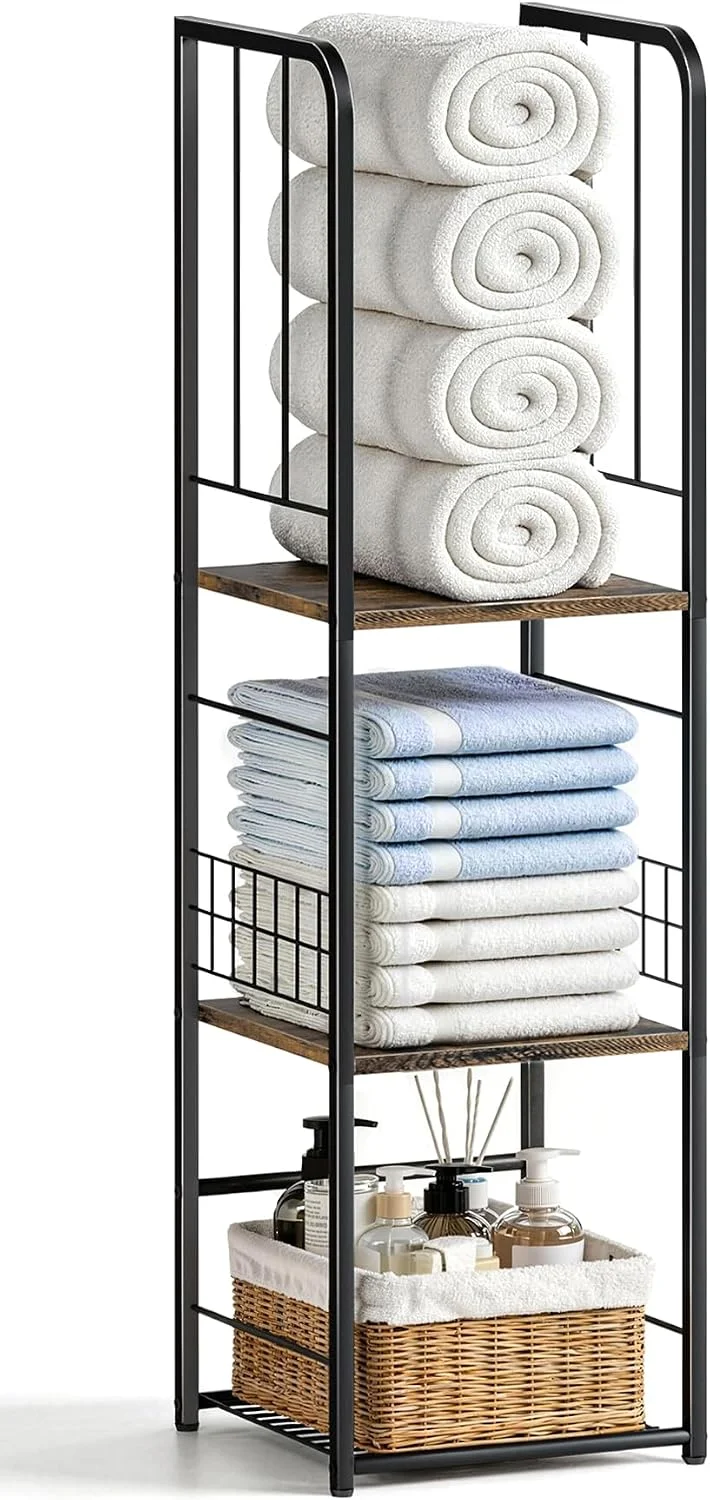 Nook Narrow Towel Storage for Bathroom, 3-Tier Free Standing Bathroom Towel Rack Organizer with Shelf for Small Bath, Pool, Brown - Image 2