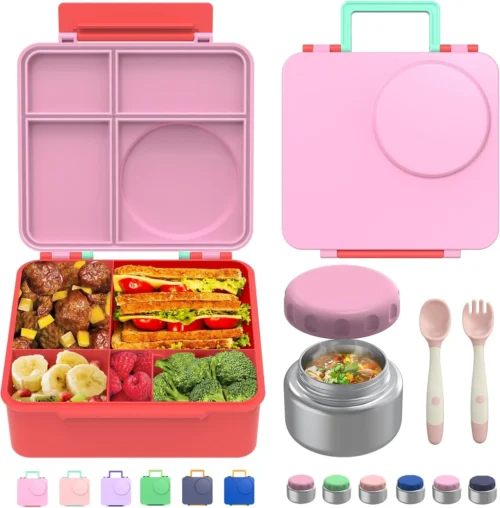 JoyYum Bento Box for Kids - Leak-Proof Bento Lunch Box with Insulated Thermo Food Jar - 4 Compartments, 1 Removable Divider, 1 Spoon, 1 Fork - Dishwasher Safe, BPA-Free (Light purple)