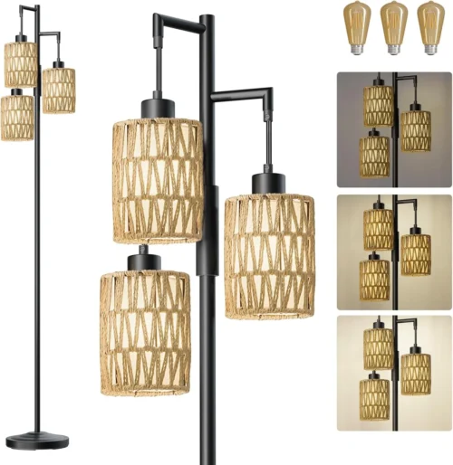 70 Industrial Floor Lamp, Stepless Dimmable Standing Lamp with 3 Bulbs, Farmhouse Corner Standing Tree Lamp for Living Room, Tall Lamps for Bedroom