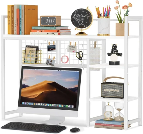 Alternative view of Desk Shelf, 44.9 Desktop Organizer Shelf, Desk Hutch for Computer Monitor, 4 Tier Desk Display Rack with Pegboard Hooks Set, Wood Desktop Bookshelf for Home Office Dorm