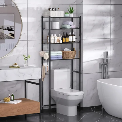 Alternative view of 4 Tier Over The Toilet Storage Rack, Bathroom Organizer Shelves Cabinet Above Toilet, with Adjustable Height Freestanding Shelf Space Saver, Black