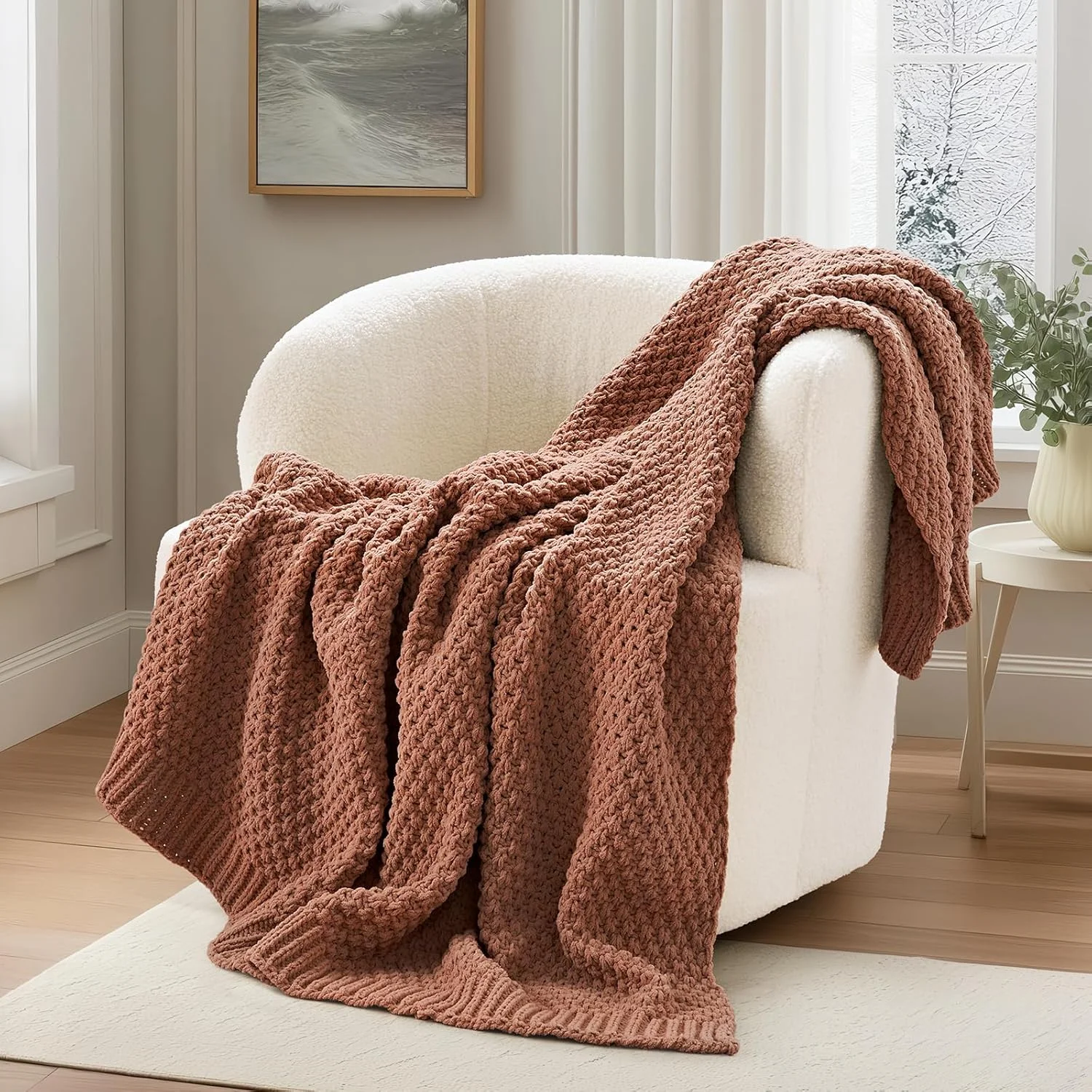 EVERGRACEHOME Chunky Chenille Knit Throw Blanket, 50 x 60, Olive Green - Image 3