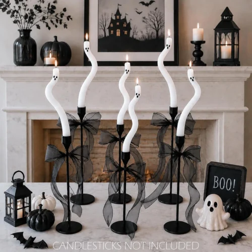 Alternative view of Nook Halloween Decorations indoor-3Pcs Twisting Ghost Candles Decor with Candle Holders, Ribbons, Vintage Candlestick Holders Decoration