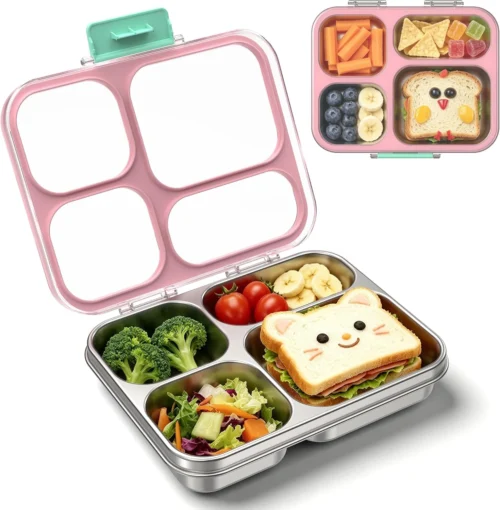 Reeple Stainless Steel Lunch Box for Kids, Leakproof 4 Compartment Kids Bento Lunch Box with Clear Lid, BPA-Free Steel Lunch Box Containers for School Travel (Blue)