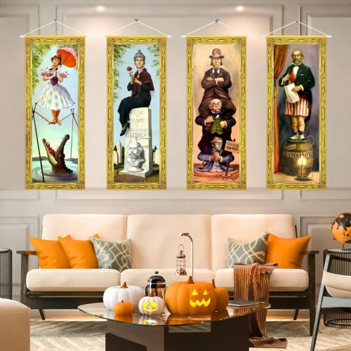 Alternative view of Decorations Large 4 PCS Haunted Mansion Stretching Portraits Vintage Vinyl Backdrop Decor Outdoor Horror Poster for Indoor Holiday Home Wall Art