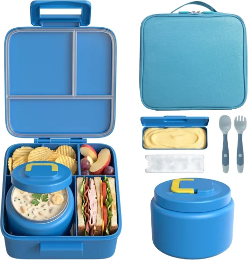 Alternative view of MAISON HUIS Bento Lunch Box with 8oz Soup Thermo and Insulated Lunch Bag, Kids Leakproof Lunch Food Containers with 5 Compartment, Boys Girls Thermo Hot Food Jar for Travel, School, BPA Free (Black)