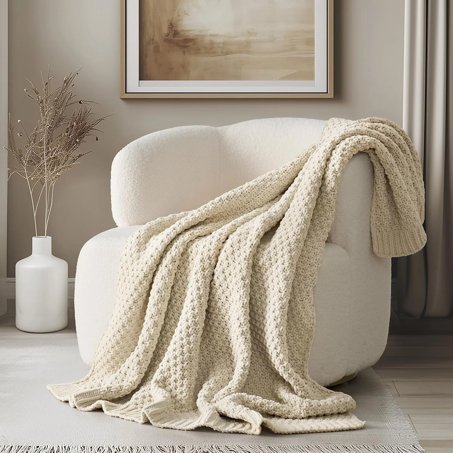 EVERGRACEHOME Chunky Chenille Knit Throw Blanket, 50 x 60, Olive Green
