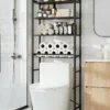Over-the-Toilet Storage Rack with One-Piece Wooden Shelves & Open Net Basket, Bathroom Organizer with Adjustable Feet & Anti-Tip Kit, Space-Saving Toilet Shelf, Brown, 24.4 x 9.4 x 69.3